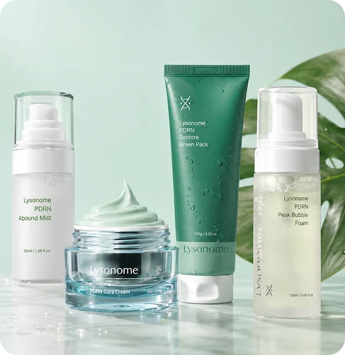 Lysonome PDRN skincare products including Abound Mist, Cura Cream, Restore Green Pack and Peak Bubble Foam