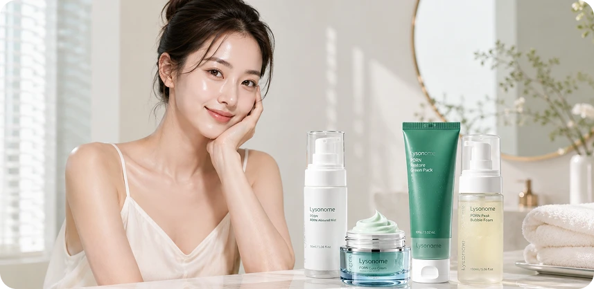 Woman beside Lysonome PDRN skincare products for a Korean skincare routine