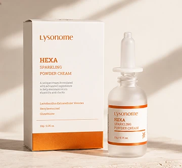 Lysonome HEXA Sparkling Powder Cream with product box and bottle