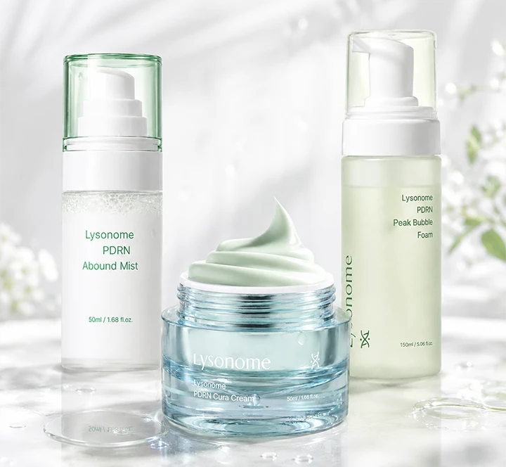 Lysonome PDRN skincare routine with Abound Mist, Cura Cream and Peak Bubble Foam